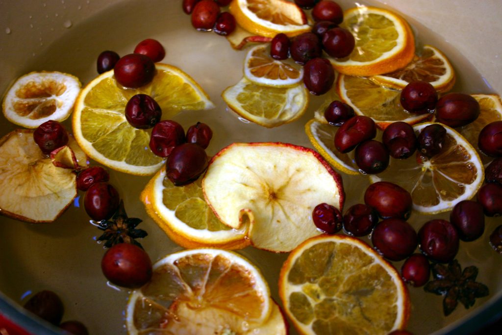 orange, apple, cranberries, and spices in a simmer pot