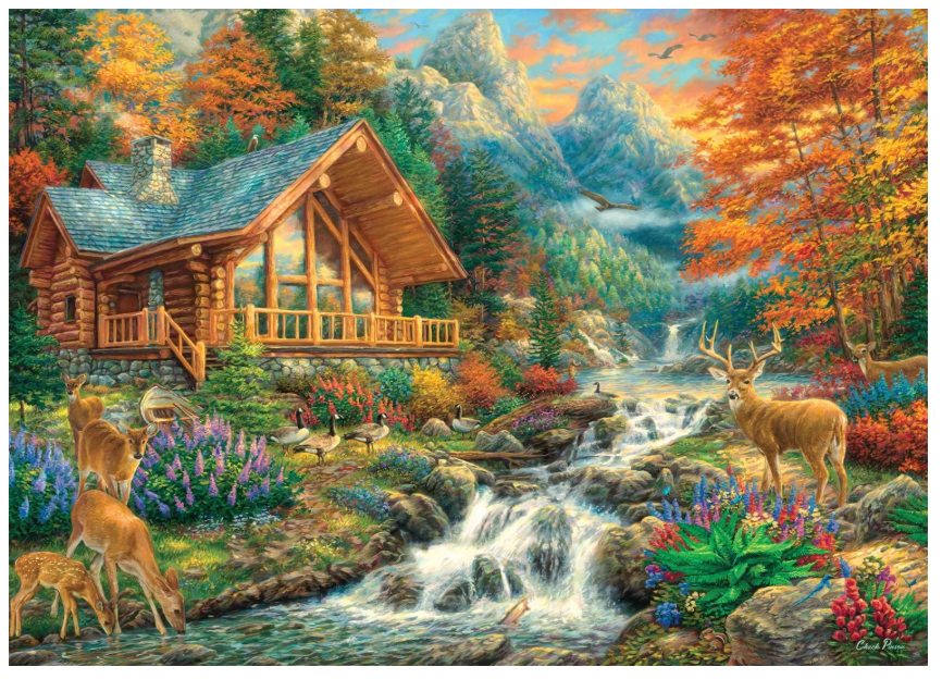 Puzzle with a cabin and a waterfall