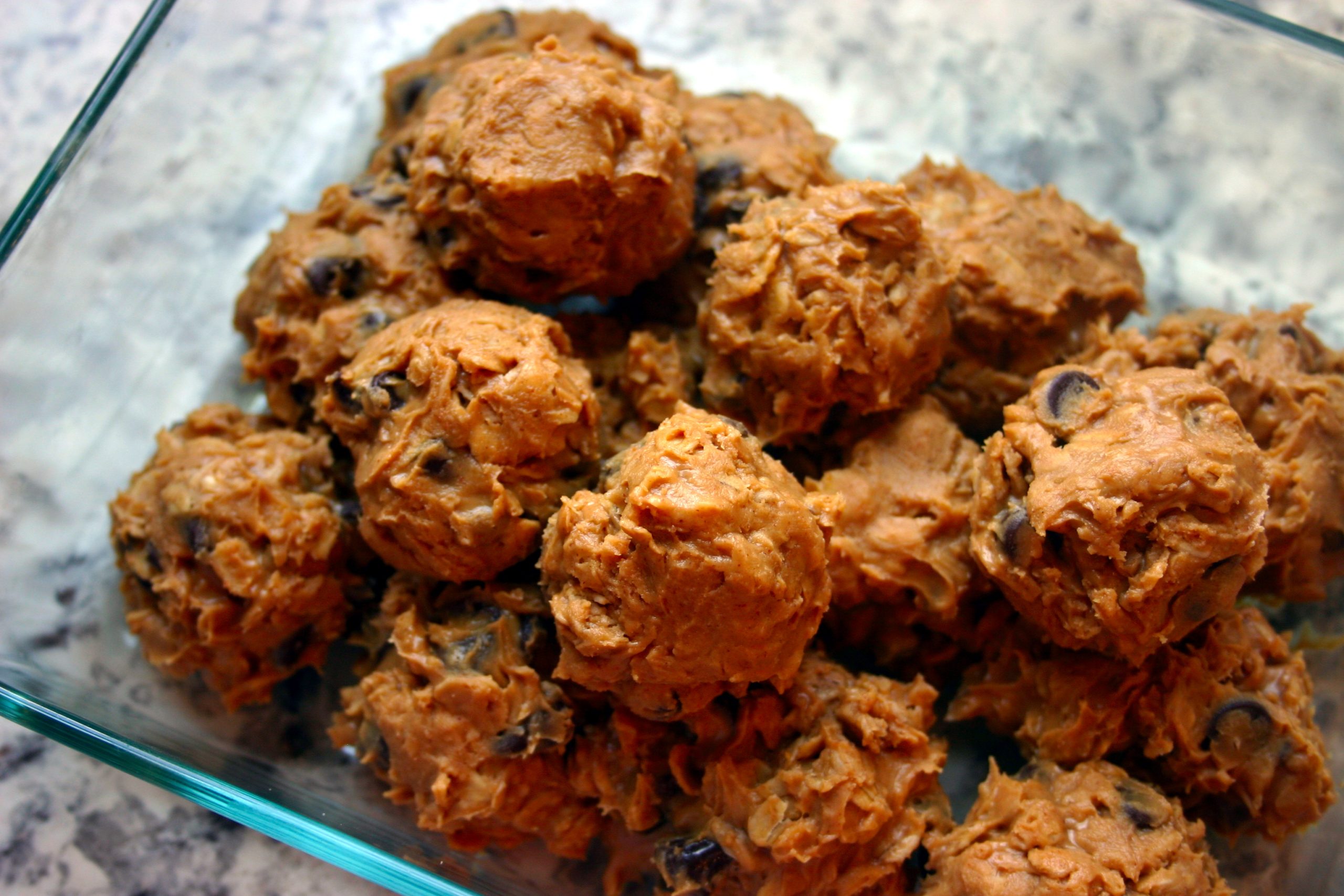 peanut butter protein balls in a dish