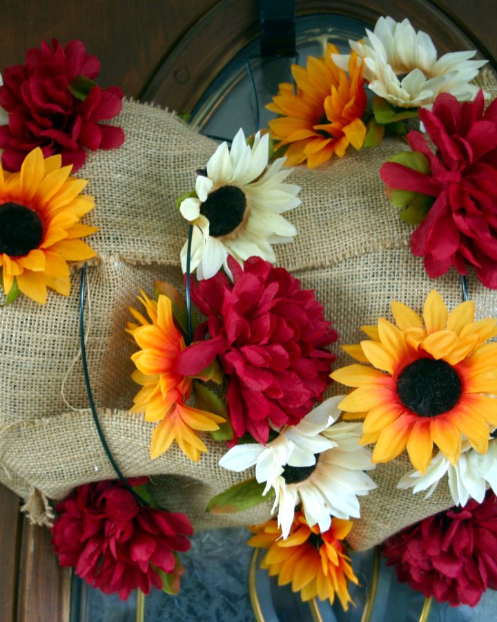 Fall pumpkin wreath with flowers and burlap