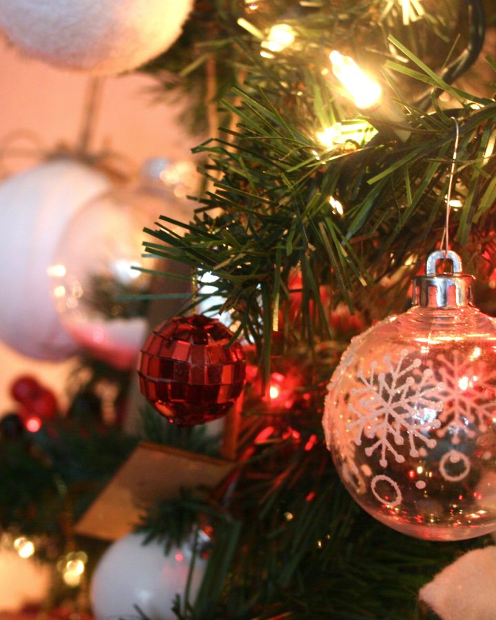 white ornaments on a Christmas tree